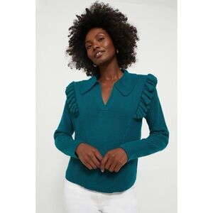 NWT Tuckernuck Hyacinth House Teal Ruffle Casey Collared V-Neck Sweater